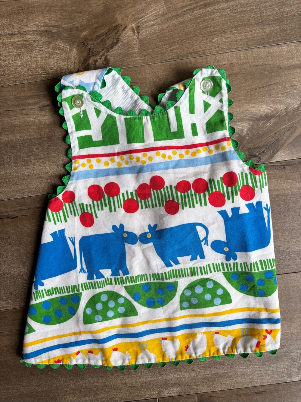 Vintage 80s Ruth Scharf Blue Cow Farm Waffle Pinafore Apron Top Dress 2T
